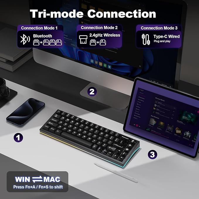 YUNZII AL65 Wireless Mechanical Keyboard, Full Aluminum CNC,Support QMK/VIA Software Gasket Structure,60% Hot Swappable with RGB Backlit BT/2.4G/USB-C for Mac/Windows(Black, Gateron Zero)