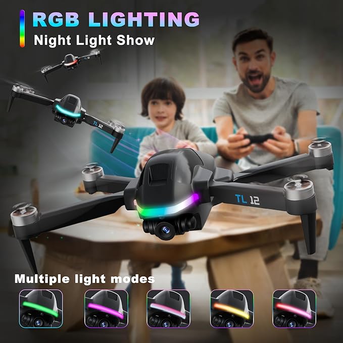 TL12 RGB Lighting Drone Brushless Motors Drones with Camera 1080P HD 3D Flips FPV Transmission Optical Flow Altitude Hold Headless Mode One Key Start RC Quadcopters for Beginners Multiple Lights