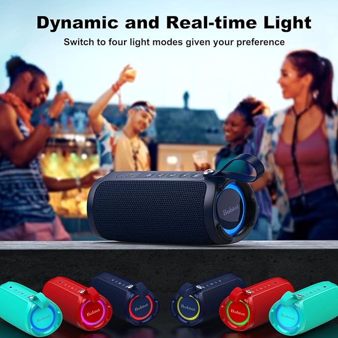 Bobtot Portable Bluetooth Speaker, IPX6 Waterproof Speaker with Punchy Bass, 15W Loud Sound, RGB, 15H Playtime, Dual Pairing for Party, Camping, Beach, Blue