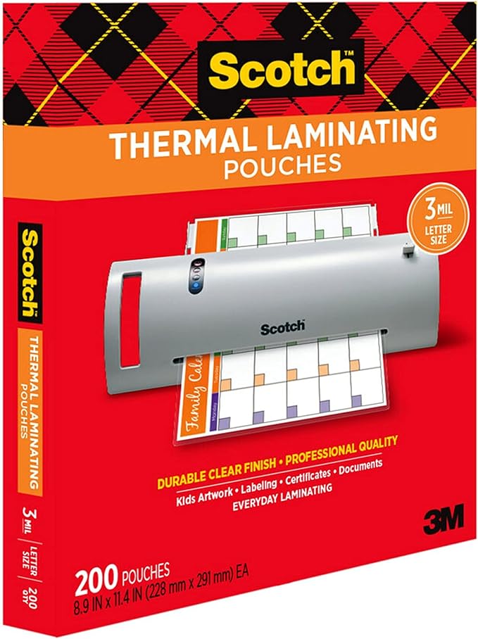 Scotch Thermal Laminating Pouches, 200 Count, Clear, 3 mil., Ideal Office or School Supplies, Fits Letter Sized Paper (8.9 in. × 11.4 in.)