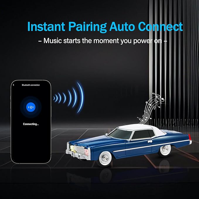 American Retro car Bluetooth Speaker, Mobile Wheel Retro car Model, HD Stereo, TWS Pairing, LED Ambient Light, Type-C Portable Charging, Home, Party, Camping Desktop Decoration (Blue)