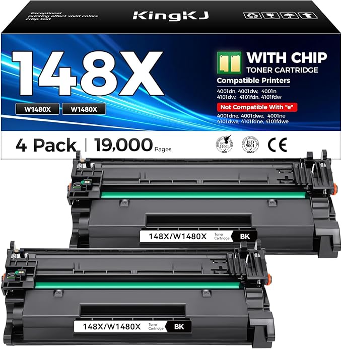 148X Black Toner Cartridge High Yield with chip 2-Pack Replacement for HP 148X W1480X 148A W1480A Compatible with HP LaserJet Pro MFP 4101dw 4101fdn 4101fdw 4001dn 4001dw 4001n Printer Ink 4001 4101 e