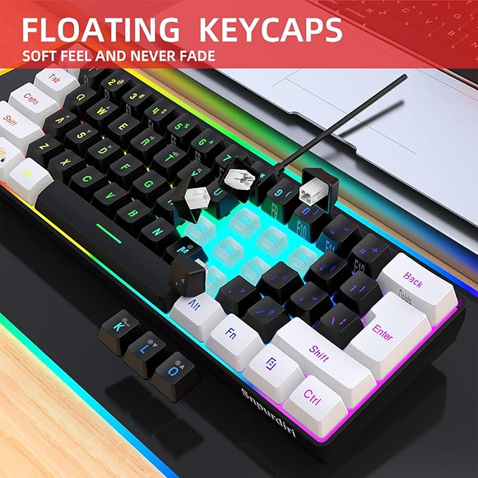 Snpurdiri 60% Wired Gaming Keyboard, Small RGB Backlit Membrane Gaming Keyboard, Ultra-Compact Mini Waterproof Keyboard for PC Computer Gamer White and Black
