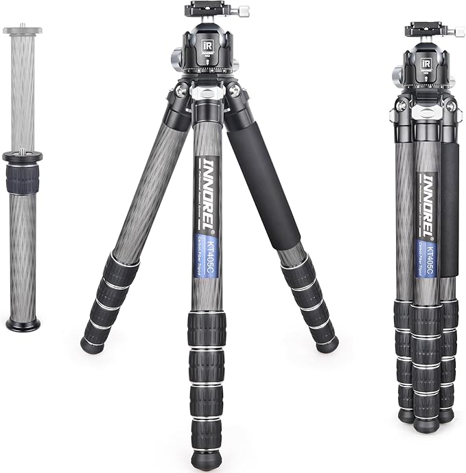 INNOREL Carbon Fiber Compact Tripod KT405C Professional 40mm Tube 5 Sections Heavy Duty Camera Stand for Digital DSLR Video Camcorder with 52mm Low Profile Panoramic Ballhead Center Column Load 30kg