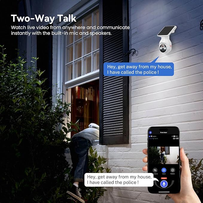 1080p WiFi Outdoor Security Camera with Solar Panel, Battery Powered, AI Motion Detection, Night Vision, Two Way Talk, IP65, Cloud Storage, Human Detection, 2.4GHz Only, Pan Tilt