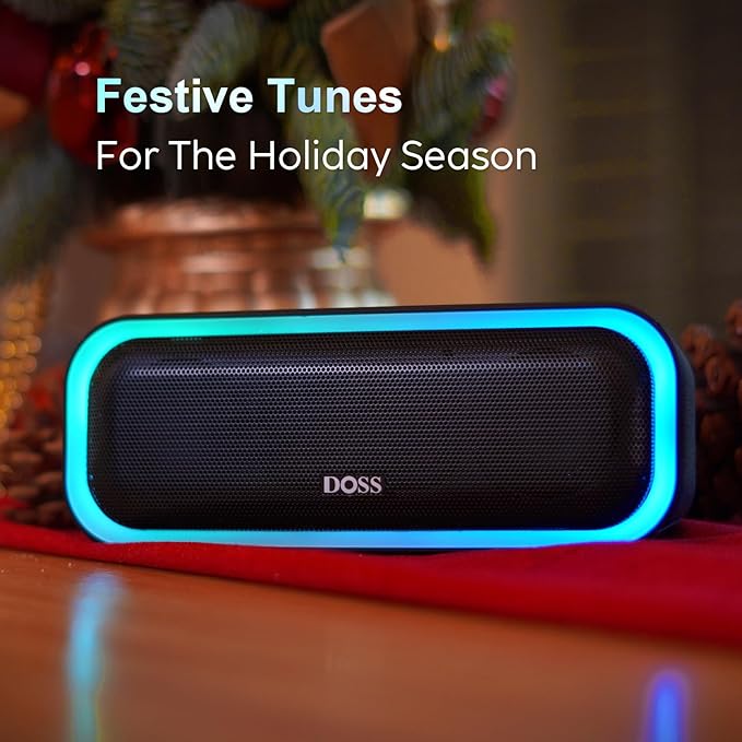 DOSS SoundBox Pro Bluetooth Speaker with 20W Stereo Sound, Active Extra Bass, IPX6 Waterproof, TWS Pairing, Multi-Colors Lights, 20H Playtime, Portable for Beach, Outdoor-Blue