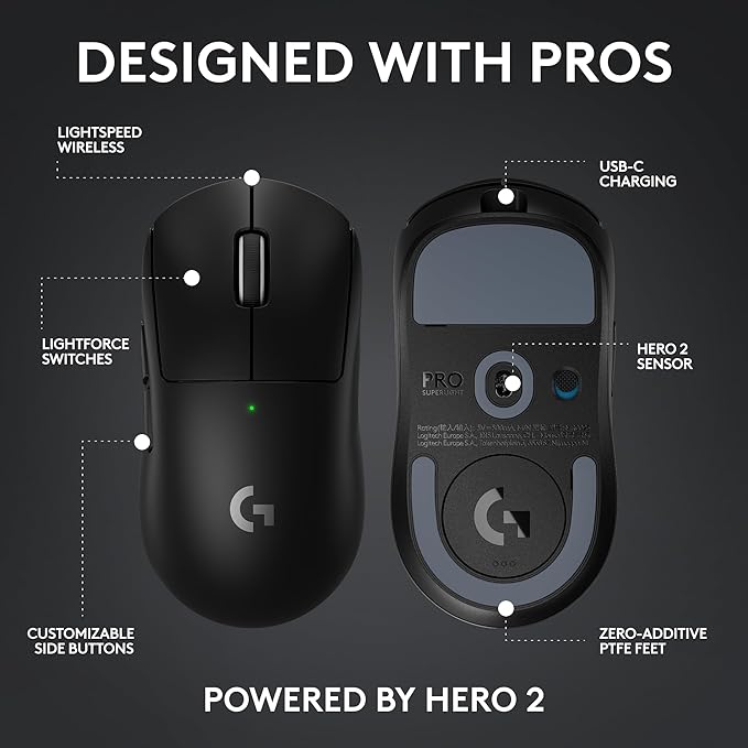 Logitech G PRO X Superlight 2c Wireless Gaming Mouse, 51 g pro-Grade Compact Mouse with 5 programmable Buttons, USB-C Charging, 44K DPI Sensor, up to 8 kHz Polling for PC/Mac - White