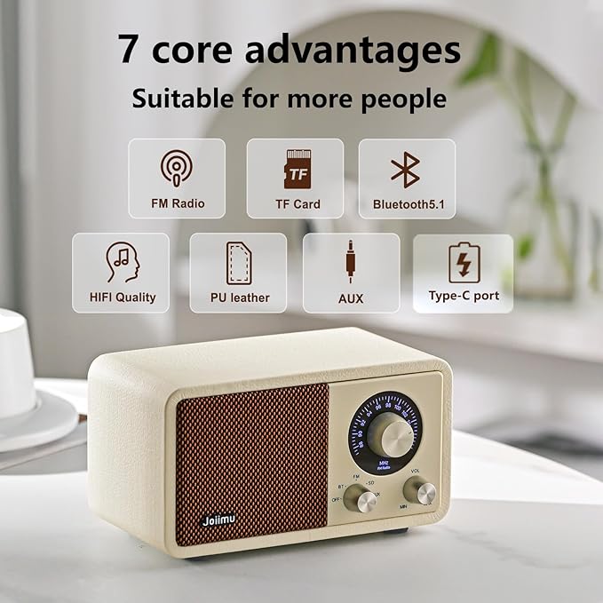 Portable FM Radio Bluetooth Speaker, 2600mAh Rechargeable, PU Leather, SD Card Support for Kitchen Living Room with Rotary Knob