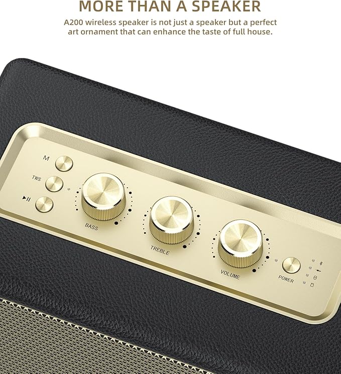 MLOVE A200 Portable Retro Bluetooth Speaker with Aux Input, USB Port, Micro SD Card Slot - Decorative Wireless Bookshelf Speakers Battery Powered, House Warming Gifts for New Home, Black and Gold