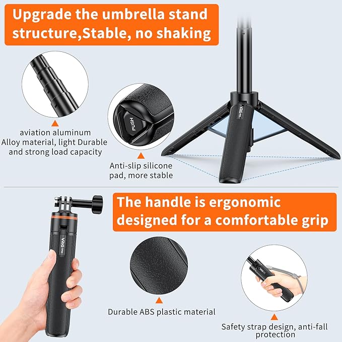 VRIG TP-08 20.1" Mini Extendable GoPro Tripod Portable Selfie Stick Tripod Camera Tripod for GoPro Max Hero 11 10 9 8 7 6 5 4 3 3+ 2 1 Session