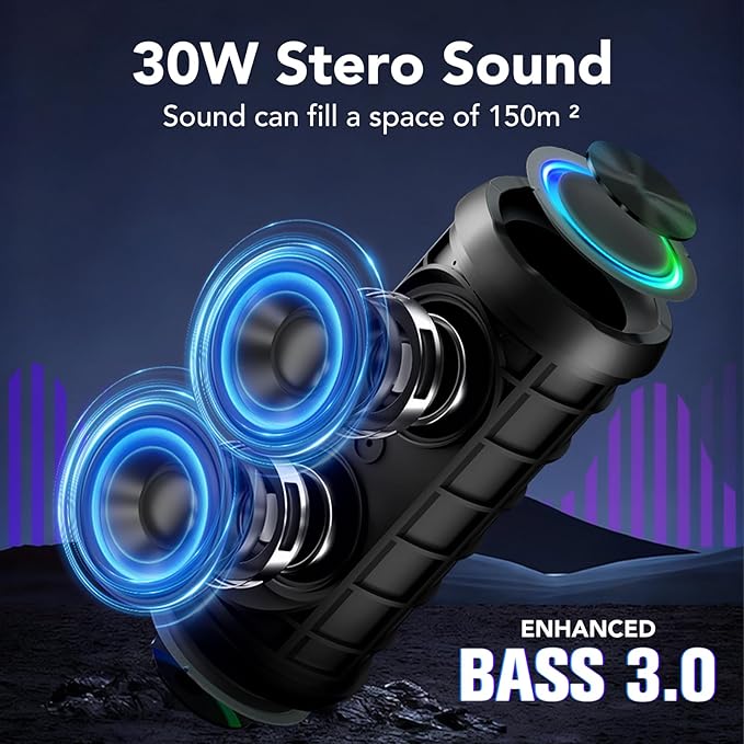 Portable Speaker Bluetooth 5.4, 30W Super Loud Bluetooth Speaker Wireless，Boost Bass 3.0, 30H Playtime, 8 RGB Modes, IPX7 Waterproof Speaker, TWS Pairing, for Outdoor/Home/Party, Gift Ideas