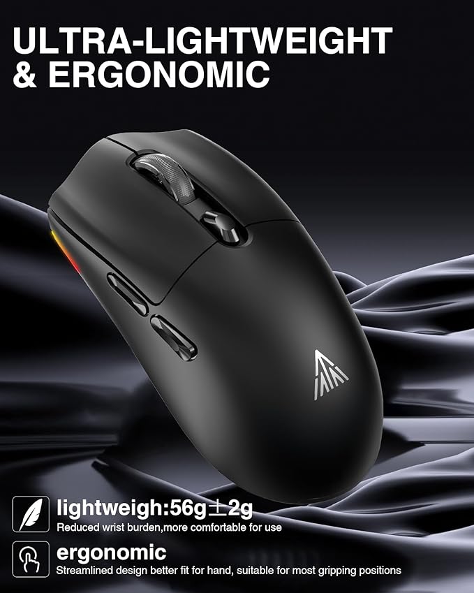 Wireless Gaming Mouse, 26,000 DPI,58g Ultra-Lightweight Tri Mode Type-C Wired/BT/2.4GHz Wireless Mouse,Programmable Buttons,Compatible with PC/Mac/Laptop,Black