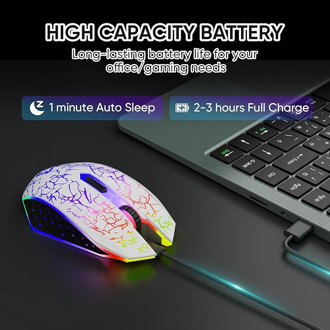 Bluetooth Mouse Wireless Gaming Mouse, 2.4G Cordless RGB Rechargeable PC Game Mouse Computer Mice for Laptop Desktop -White