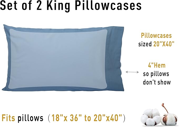 Sunflower King Pillowcases Set of 2, 100% Cotton King Pillow Cases 2, 20×40 inches Copen Blue, Soft and Breathable