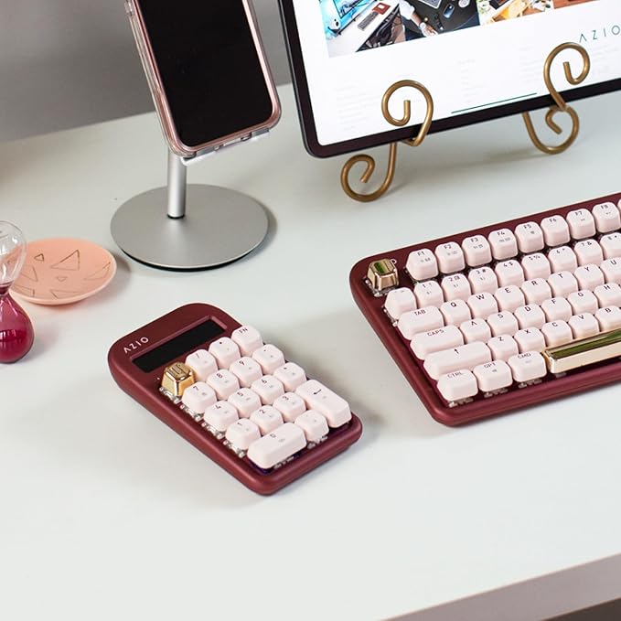 AZIO IZO Wireless Mechanical Calculator & Number Pad (Red/Gold) - Bluetooth 5.0 & USB, Gateron-Blue Mechanical Switch, 9 Backlight Modes, Rechargeable, PC & Mac Compatible, Baroque Rose (IN106)