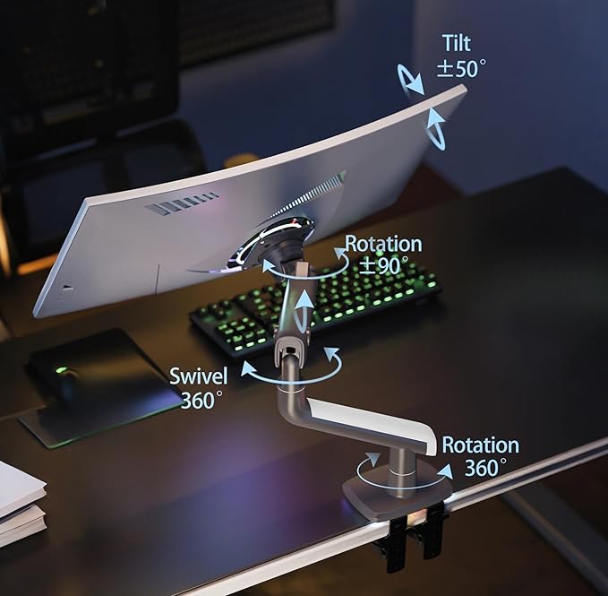 Gaming Monitor-Arm for Flat/Ultrawide/Curved Monitors 27'' to 50 inch, Heavy Duty Mount Load up to 18 kg, VESA 75/100 mm Monitor-Mount A5