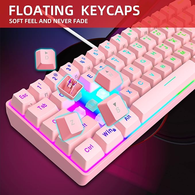 Snpurdiri 60% Wired Gaming Keyboard, 61 Keys RGB Backlit Ultra-Compact Mini Gaming Keyboard for PC/Mac Gamer, Typist, Travel, Easy to Carry on Business Trip(Pink)