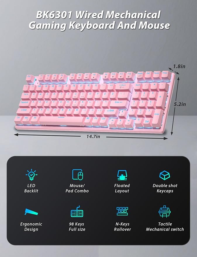 Mechanical Gaming Keyboard and Mouse, LED Backlit 98-Key Floating Keycap & 4 DPI RGB Gaming Mouse with Mouse Pad, Full Anti-Ghost Light Up Wired Computer Keyboards for MAC PC Gamer Accessories, Pink