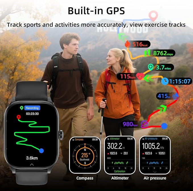 Smart Watch with AI (Built-in GPS), 1.96" HD Fitness Tracker for Men Women, 100+ Sports Modes, Call/Reply/Notification, 24/7 Heart Rate & Sleep Monitor, Waterproof Smartwatch for Android iPhone
