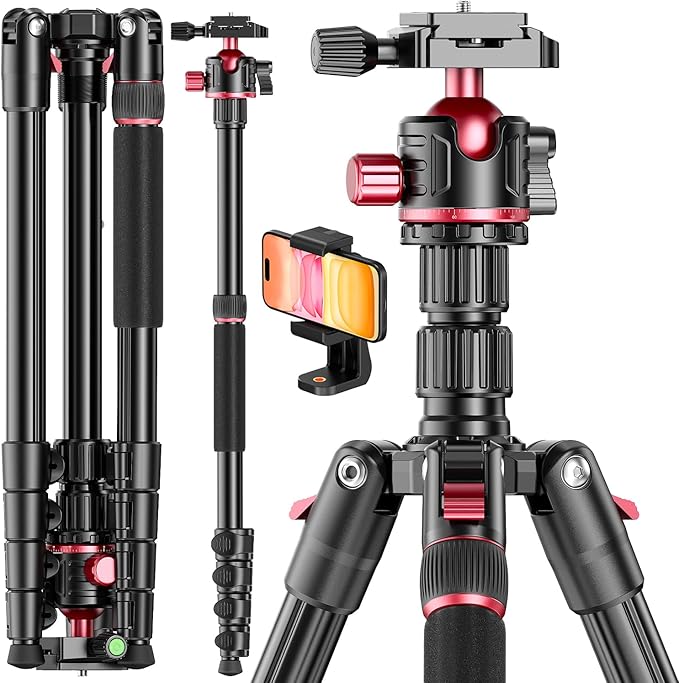 80“ DSLR-Camera-Tripod, Photography 360 Ball Head Professional Aluminum Tripod & Monopod with Carry Bag Compatible with Canon Nikon Binoculars Laser Telescope (Weight 3.35 Lbs, 15Lbs Load)