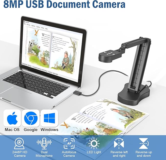 8MP USB Document Camera, Auto Focus, LED Light, Image Reversal, Built-in Mic, Mac OS, Windows, Chromebook for Distance Learning, Remote Teaching, Web Conferencing, Live Demo (KB700)