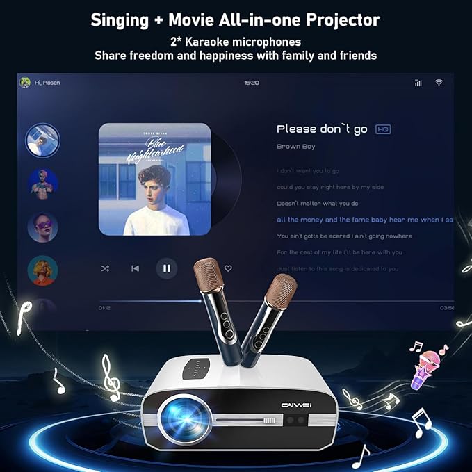 Ultra HD 4K Karaoke Projector & 2 Mics, HDR10+ 1500 ANSI Daytime Home Theater Projector, Autofocus, WiFi Bluetooth, 38W DSP Speaker, 300″Display, NFC Screencast HDMI USB LAN Outdoor Movie Night