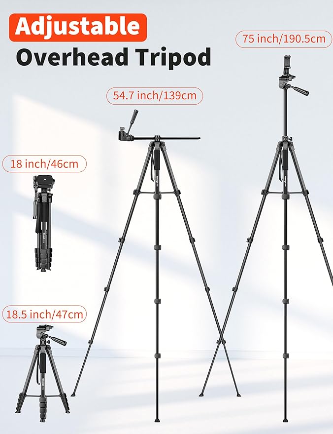 75" Phone Tripod Stand, Overhead Tripod for iPhone with Remote, Portable Horizontal Mount for Video, Live Streaming & Vlogging, Compatible with iPhone Camera