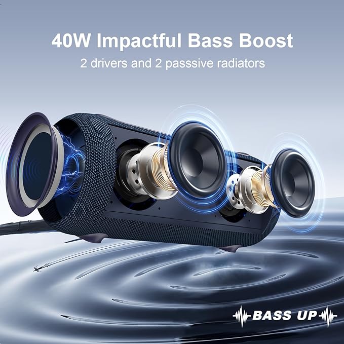 Passau Portable Bluetooth Speakers 40W Peak Loud Stereo Sound, Passive Radiators-Deep Bass, All Day Playtime, Adjustable Strap, BT5.3, IPX5 Wireless Speaker RGB Lights for Indoor Outdoor-Blue