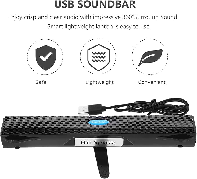 Sound Bars for TV, USB 2.0 Portable Soundbar - Small Surround Soundbar Speakers for PC/Gaming/Projectors, 7.9x1.1 Inch