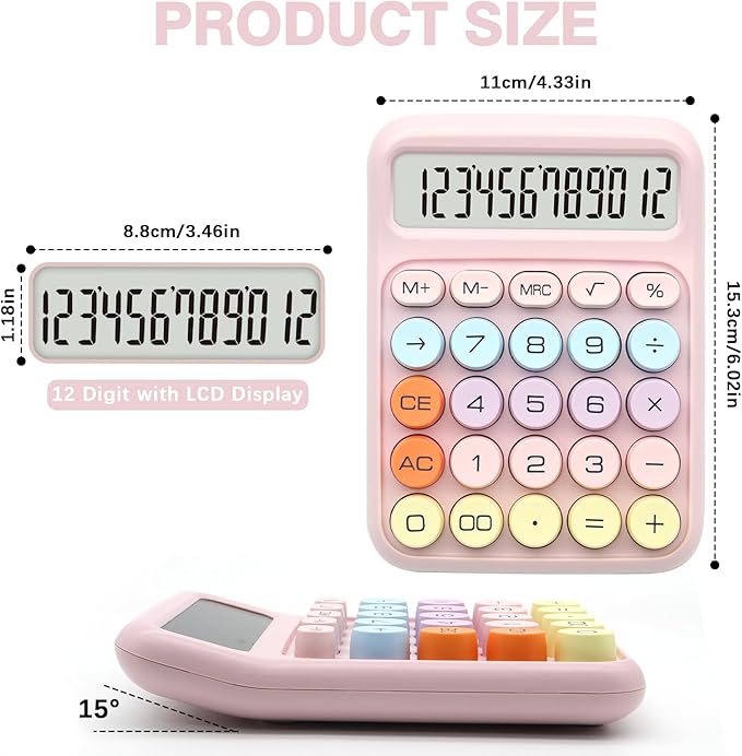 Pink Calculator, UPIHO Standard Calculator with 12 Digit Display and Big Buttons, Pink Office Supplies and Desk Accessories for Office,School