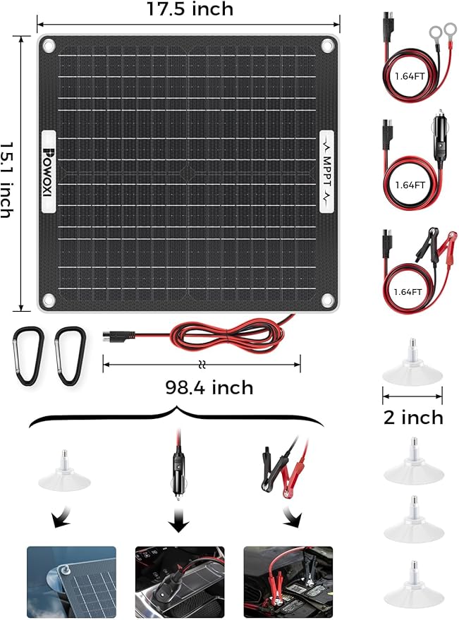 POWOXI 30W Solar Battery Charger: 12V Solar Car Battery Trickle Maintainer - with MPPT Controller Parameter Adjustable - for RV Boat Marine Motorcycle Trailer Truck Tractor - Solar Panel Kit