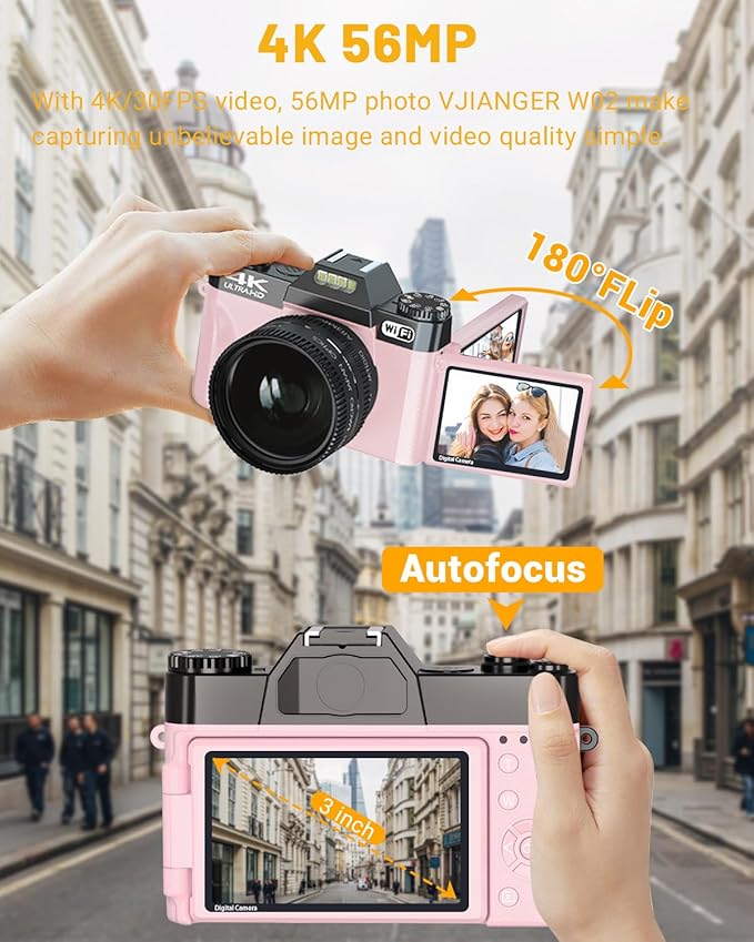 2024 Upgrade VJIANGER Digital Camera for Photography Vlogging Camera for YouTube with WiFi, 180° Flip Screen, 16X Digital Zoom, 52mm Lens, 2 Batteries, 32GB Micro SD Card(Pink)