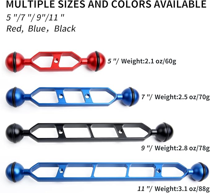 Black 5" Underwater Aluminum Alloy Extension Arm (2-Pack) - Dual Ball System with 1" Head Connector, Waterproof & Rustproof for Diving Camera Tray/Strobe/Video Light, Scuba Photography Gear