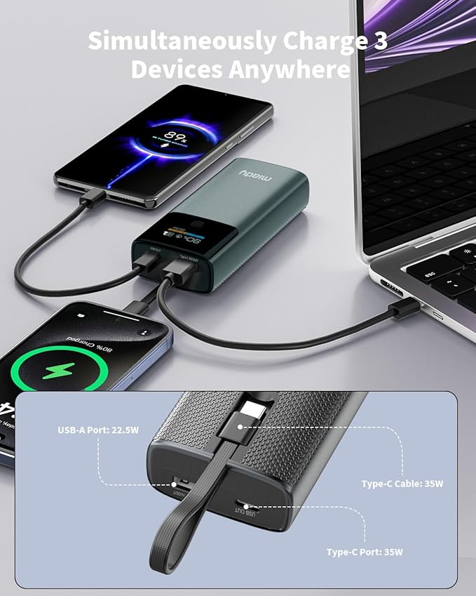 Miady Portable Charger, PD 35W Fast Charging Small Power Bank has Smart Digital Display Screen, 10000mAh Battery Pack Built-in USB-C Cable Compatible with iPhone 16/15 Galaxy S24/S22 Android and More