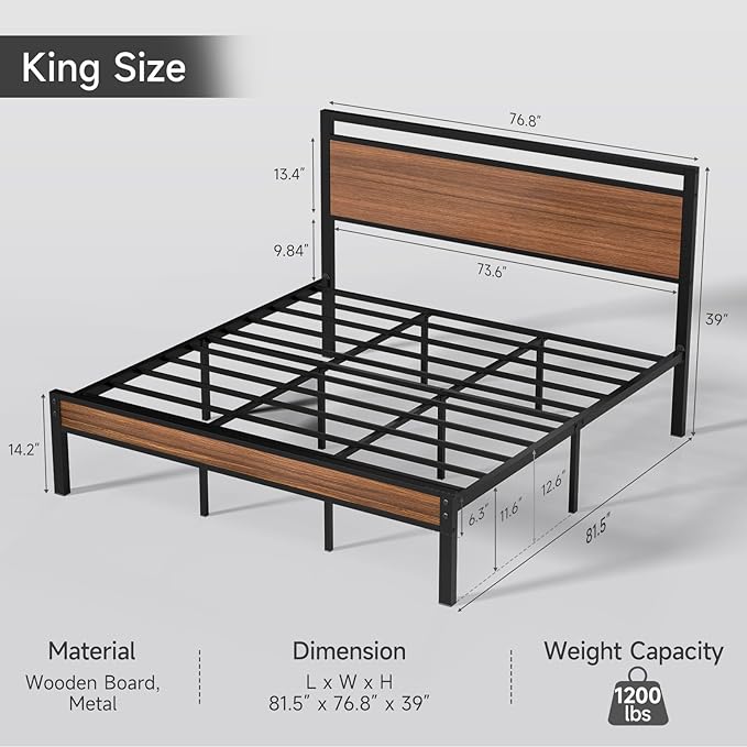 Z-hom Upgraded King Size Bed Frame, Heavy Duty Metal Sturdy King Bed Frame with Modern Wood Headboard & Footboard, Stable Platform Bed Furniture Bed Storage, No Noise, No Box Springs,Walnut