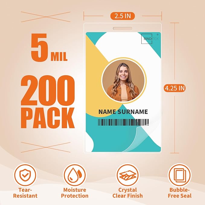 Binditek 200 Pack 5mil Thermal Laminating Pouches, 2.5 x 4.25 Inches Laminating Sheets with Hole, ID Badge Without Clip, Ultra Clear, HeatSeal, Glossy, for Students and Coworkers