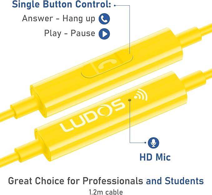 LUDOS OMNITONE USB C Headphones for iPhone 16 15 Pro Max Plus iPad Pro, 5 Years Warranty, USB-C Earbuds for Galaxy S24 S23 S22 S21 S20 A55 A54 A53, USB Type C Earphones - Yellow