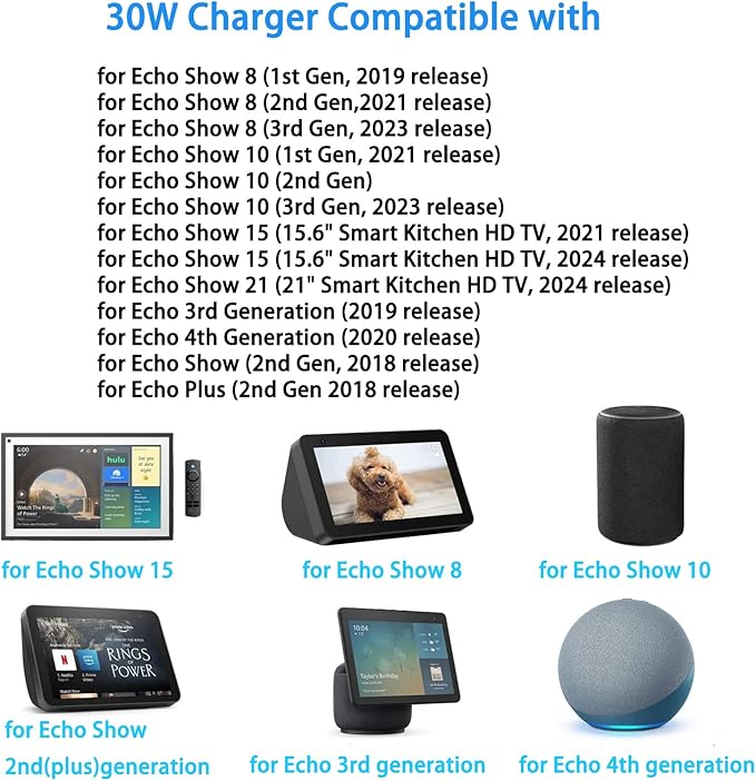 30W Charger Compatible with Alexa Echo (3rd 4th Gen), Echo Show 8 (1st 2nd Gen), Echo Show 10, Echo Show 15, Echo Show (2nd Gen), Echo Plus 2nd Gen 18V 1.67A AC Power Adapter Cord.