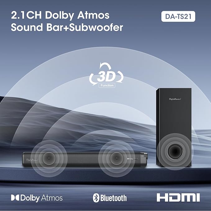 2.1CH Dolby Atmos TV Soundbar Speaker 5.3 Bluetooth 120W Output with 70W External Wired Subwoofer and Opt&AUX Cables,Deep Bass,Multiple Connection