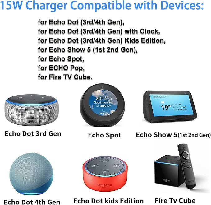 15W Charger Power Cord Compatible with Alexa Echo Dot (3rd 4th 5th Gen), Show 5 (1st 2nd Gen), Fire TV Cube, Pop, Spot 12V 1.25A Power Adapter.