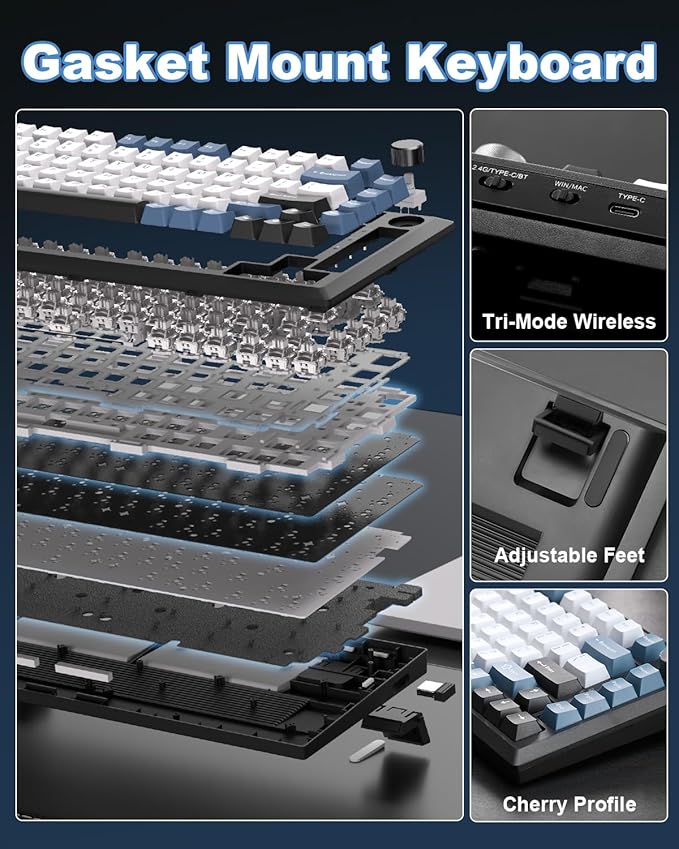 Y75 Wireless Mechanical Keyboard,75% Wireless Gasket RGB Gaming Keyboard,PBT Keycaps,2.4GHz/USB-C/BT5.0 Creamy Keyboard with Knob(Black&Blue,Milk Switch)