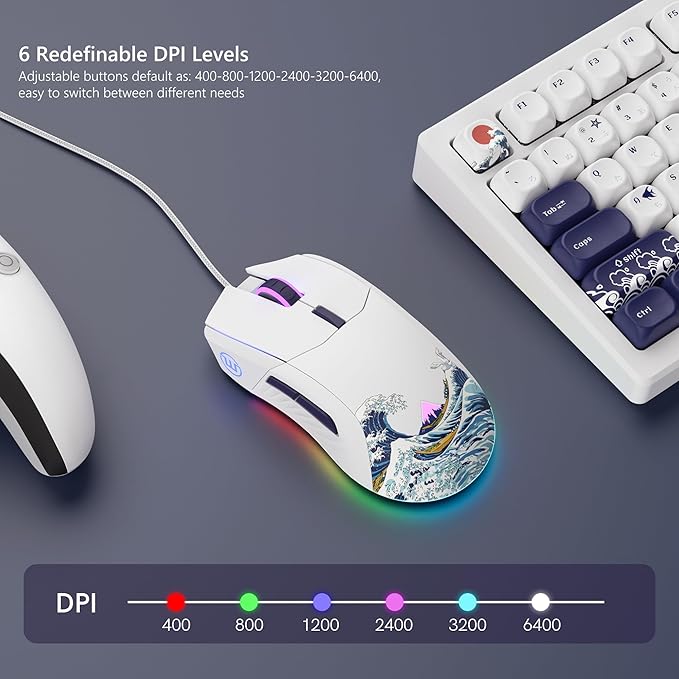 Womier Wired Gaming Mouse, White RGB Anime Mouse w/Ergonomic Computer 12000DPI/6 Programmable Buttons Programmable Buttons for Laptop PC Mac Windows-G705 V2 Kanagawa