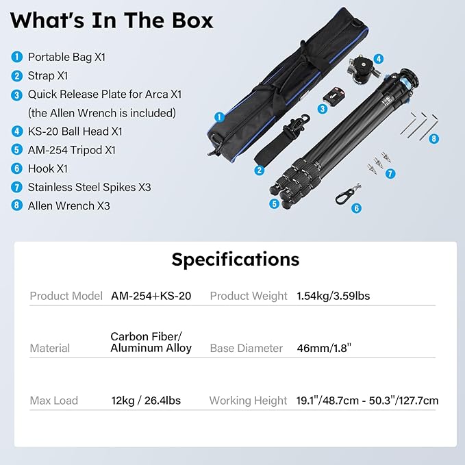 SIRUI 50.2" Carbon Fiber Travel Tripod, Compact Professional Camera Trippod with Low Profile Ball Head, Quick Release System, Load Up to 26.5lbs/12kg, AM-254+KS-20