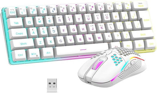 RedThunder 60% Wireless Gaming Keyboard and Mouse Combo, 2500mAh Rechargeable Battery, Ultra-Compact Small RGB Mechanical Feel Keyboard, Lightweight Honeycomb Optical Mouse for Gaming/Business, White