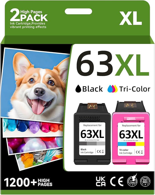 63XL Printer Ink Compatible for HP 63XL Ink Cartridges Black Color Combo PackCompatible for HP Ink 63 Fit for OfficeJet 3830 4650 4655 5255 5258 5200 Envy 45204512 Desket 2130 3630 Printer