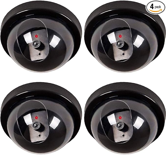 WALI Dummy Fake Security CCTV Dome Camera with Flashing Red LED Light with Security Alert Sticker Decals (SD-4), 4 Packs, Black