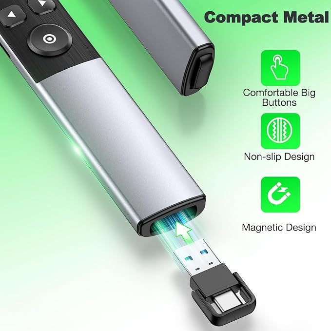 Presentation Clicker Wireless Presenter Remote for PowerPoint,USB Type C Wireless Presentation Clicker with Green Light for Mac, Computer, Laptop