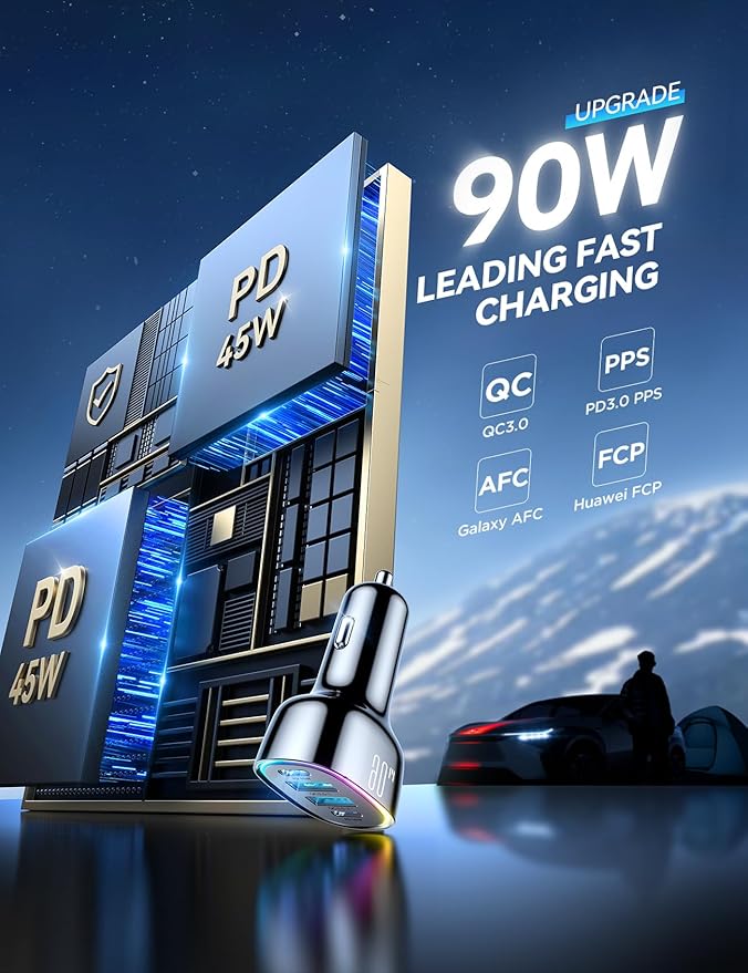 90W for iPhone 17 Pro Car Charger USB C, 4-Port Car Charger Fast Charging, PD&QC3.0 Type C Car Phone Charger, Cigarette Lighter Adapter, Car Accessories for iPhone 16 16e 15 17 Air Pro Max, Samsung