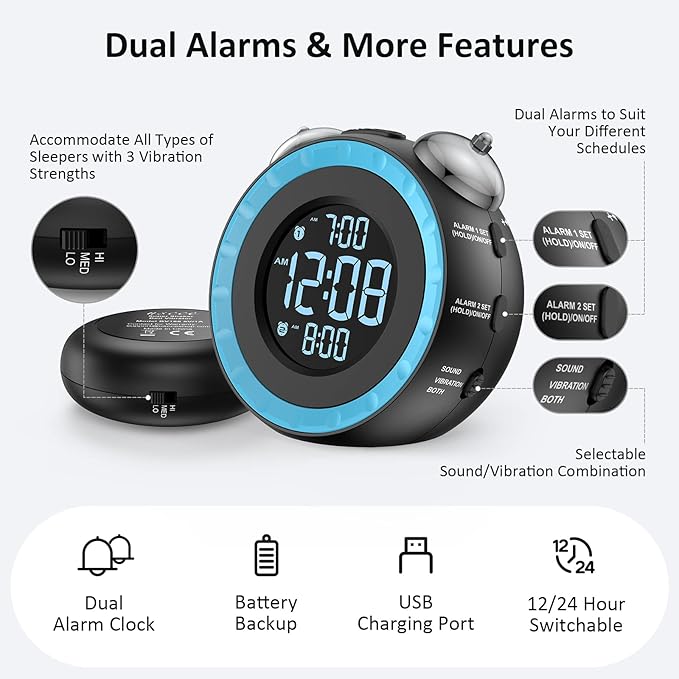 uscce Loud Dual Alarm Clock with Bed Shaker - 0-100% Dimmer, Vibrating Alarm Clock for Heavy Sleepers or Hearing Impaired, Easy to Set, USB Charging Port, Snooze, Battery Backup (Blue)