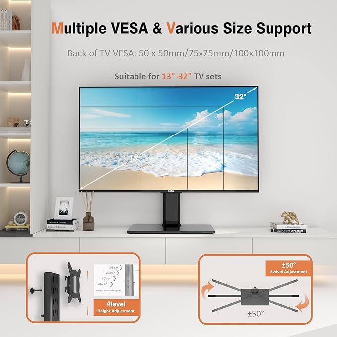 Universal Swivel TV Stand/Base Table Top TV Stand for 13 to 32 inch TVs with 100 Degree Swivel, 4 Level Height Adjustable, Heavy Duty Tempered Glass Base, Holds up to 77lbs, HT07B-001